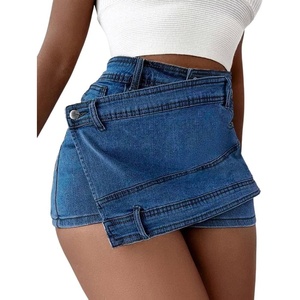 image:imageCHARTOU Womens Summer High Rise Asymmetrical Jean Shorts Criss Crossover Hot ShortsDark Blue