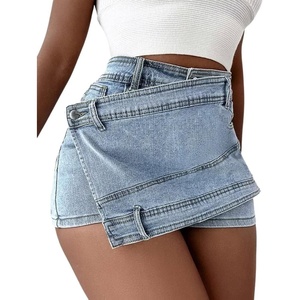 image:imageCHARTOU Womens Summer High Rise Asymmetrical Jean Shorts Criss Crossover Hot ShortsLight Blue