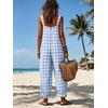 image:imageCHARTOU Women Plaid Gingham Jumpsuit Summer Casual Cotton Overalls Baggy Barrel Wide Leg Pants with PocketsBlue