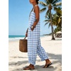 image:imageCHARTOU Women Plaid Gingham Jumpsuit Summer Casual Cotton Overalls Baggy Barrel Wide Leg Pants with PocketsBlue