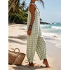 image:imageCHARTOU Women Plaid Gingham Jumpsuit Summer Casual Cotton Overalls Baggy Barrel Wide Leg Pants with PocketsGreen