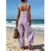image:imageCHARTOU Women Plaid Gingham Jumpsuit Summer Casual Cotton Overalls Baggy Barrel Wide Leg Pants with PocketsPurple