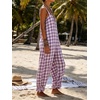 image:imageCHARTOU Women Plaid Gingham Jumpsuit Summer Casual Cotton Overalls Baggy Barrel Wide Leg Pants with PocketsPurple