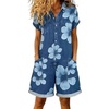 image:imageCHARTOU Summer Denim Romper for Women Baggy Wide Leg Jeans Jumpsuit Short Sleeve Button Down Shirt RomperFloral