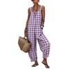 image:imageCHARTOU Women Plaid Gingham Jumpsuit Summer Casual Cotton Overalls Baggy Barrel Wide Leg Pants with PocketsPurple