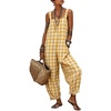 image:imageCHARTOU Women Plaid Gingham Jumpsuit Summer Casual Cotton Overalls Baggy Barrel Wide Leg Pants with PocketsYellow
