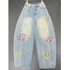 image:imageCHARTOU Boyfriend Barrel Jeans Women Cropped Baggy Jeans Y2k Embroidery Denim Wide Leg Pants PatchworkLight Blue