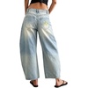 image:imageCHARTOU Boyfriend Barrel Jeans Women Cropped Baggy Jeans Y2k Embroidery Denim Wide Leg Pants PatchworkLight Blue