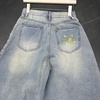 image:imageCHARTOU Boyfriend Barrel Jeans Women Cropped Baggy Jeans Y2k Embroidery Denim Wide Leg Pants PatchworkLight Blue