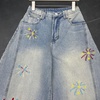 image:imageCHARTOU Boyfriend Barrel Jeans Women Cropped Baggy Jeans Y2k Embroidery Denim Wide Leg Pants PatchworkLight Blue