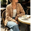 image:imageCHARTOU Floral Zip Collared Knit Cardigan Oversized Boho Sweater Jacket with PocketsBrown