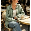 image:imageCHARTOU Floral Zip Collared Knit Cardigan Oversized Boho Sweater Jacket with PocketsGreen