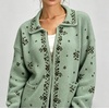 image:imageCHARTOU Floral Zip Collared Knit Cardigan Oversized Boho Sweater Jacket with PocketsGreen