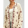 image:imageCHARTOU Floral Zip Collared Knit Cardigan Oversized Boho Sweater Jacket with PocketsRed