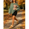 image:imageCHARTOU Oversized Chunky Knit Sweater for Women Flower Crewneck Puff Sleeve Loose PulloverGreen