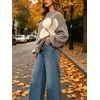 image:imageCHARTOU Oversized Chunky Knit Sweater for Women Flower Crewneck Puff Sleeve Loose PulloverGrey