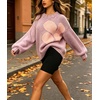 image:imageCHARTOU Oversized Chunky Knit Sweater for Women Flower Crewneck Puff Sleeve Loose PulloverPink