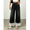image:imageCHARTOU Women Elastic Waist Baggy Jeans Lace Patchwork Denim Wide Leg Pants Crop Palazzo Jeans with PocketsBlack