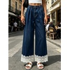 image:imageCHARTOU Women Elastic Waist Baggy Jeans Lace Patchwork Denim Wide Leg Pants Crop Palazzo Jeans with PocketsDark Blue