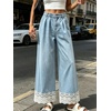 image:imageCHARTOU Women Elastic Waist Baggy Jeans Lace Patchwork Denim Wide Leg Pants Crop Palazzo Jeans with PocketsLight Blue