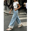 image:imageCHARTOU Women Elastic Waist Baggy Jeans Lace Patchwork Denim Wide Leg Pants Crop Palazzo Jeans with PocketsLight Blue