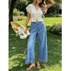 image:imageCHARTOU Women Eyelet Embroidered Wide Leg Jeans High Waist Scalloped Straight Cropped Denim Pants with PocketsBlue