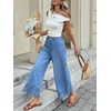 image:imageCHARTOU Women Eyelet Embroidered Wide Leg Jeans High Waist Scalloped Straight Cropped Denim Pants with PocketsBlue