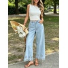image:imageCHARTOU Women Eyelet Embroidered Wide Leg Jeans High Waist Scalloped Straight Cropped Denim Pants with PocketsLight Blue