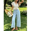 image:imageCHARTOU Women Eyelet Embroidered Wide Leg Jeans High Waist Scalloped Straight Cropped Denim Pants with PocketsLight Blue