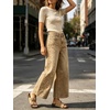 image:imageCHARTOU Women Floral Boho Wide Leg Denim Pants Summer Back Elastic Waist Crop Baggy Paisley JeansKhaki