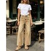 image:imageCHARTOU Women Floral Boho Wide Leg Denim Pants Summer Back Elastic Waist Crop Baggy Paisley JeansKhaki