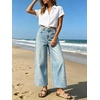 image:imageCHARTOU Women Floral Boho Wide Leg Denim Pants Summer Back Elastic Waist Crop Baggy Paisley JeansLight Blue