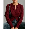 image:imageCHARTOU Women Polka Dot Cardigan Sweater Crewneck Button Down Long Sleeve Crop KnitwearWine