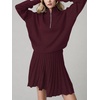 image:imageCHARTOU Women Sweater Skirt Sets 2 Pieces Outfits Half Zipper Pullover Sweater and Knit Pleated Mini SkirtBurgundy