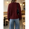 image:imageCHARTOU Womens Cable Knit Cardigan Sweater Button Down Crewneck Long Sleeve Oversized Chunky Knit Cardigan Fall CoatWine