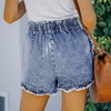 image:imageCHARTOU Womens Casual Elastic Waist Ripped Tassel Frayed Denim Shorts Zip Up Lounge Jean ShortsLight Blue