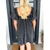image:imageCHARTOU Womens Short Puff Sleeve Bow Babydoll Jean Romper Denim Jumper Dress with PocketsBlack