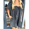 image:imageCHARTOU Womens Short Puff Sleeve Bow Babydoll Jean Romper Denim Jumper Dress with PocketsBlack