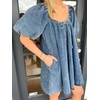 image:imageCHARTOU Womens Short Puff Sleeve Bow Babydoll Jean Romper Denim Jumper Dress with PocketsBlue