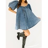 image:imageCHARTOU Womens Short Puff Sleeve Bow Babydoll Jean Romper Denim Jumper Dress with PocketsBlue