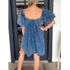 image:imageCHARTOU Womens Short Puff Sleeve Bow Babydoll Jean Romper Denim Jumper Dress with PocketsBlue