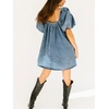 image:imageCHARTOU Womens Short Puff Sleeve Bow Babydoll Jean Romper Denim Jumper Dress with PocketsBlue