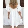 image:imageCHARTOU Womens Short Puff Sleeve Bow Babydoll Jean Romper Denim Jumper Dress with PocketsWhite
