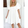 image:imageCHARTOU Womens Short Puff Sleeve Bow Babydoll Jean Romper Denim Jumper Dress with PocketsWhite