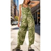 image:imageCHARTOU Womens Tie Dye Denim Overalls Loose Fit Barrel Leg Crop Pants Summer Casual Adjustable Straps Bib Jean JumpsuitGreen