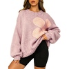 image:imageCHARTOU Oversized Chunky Knit Sweater for Women Flower Crewneck Puff Sleeve Loose PulloverPink