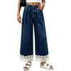 image:imageCHARTOU Women Elastic Waist Baggy Jeans Lace Patchwork Denim Wide Leg Pants Crop Palazzo Jeans with PocketsDark Blue