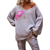 image:imageCHARTOU Women V Neck Off Shoulder Knit Sweater Fall Casual Heart Graphic Oversized Pullover Sweater JumpersGrey