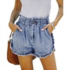 image:imageCHARTOU Womens Casual Elastic Waist Ripped Tassel Frayed Denim Shorts Zip Up Lounge Jean ShortsLight Blue