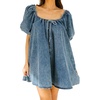 image:imageCHARTOU Womens Short Puff Sleeve Bow Babydoll Jean Romper Denim Jumper Dress with PocketsBlue
